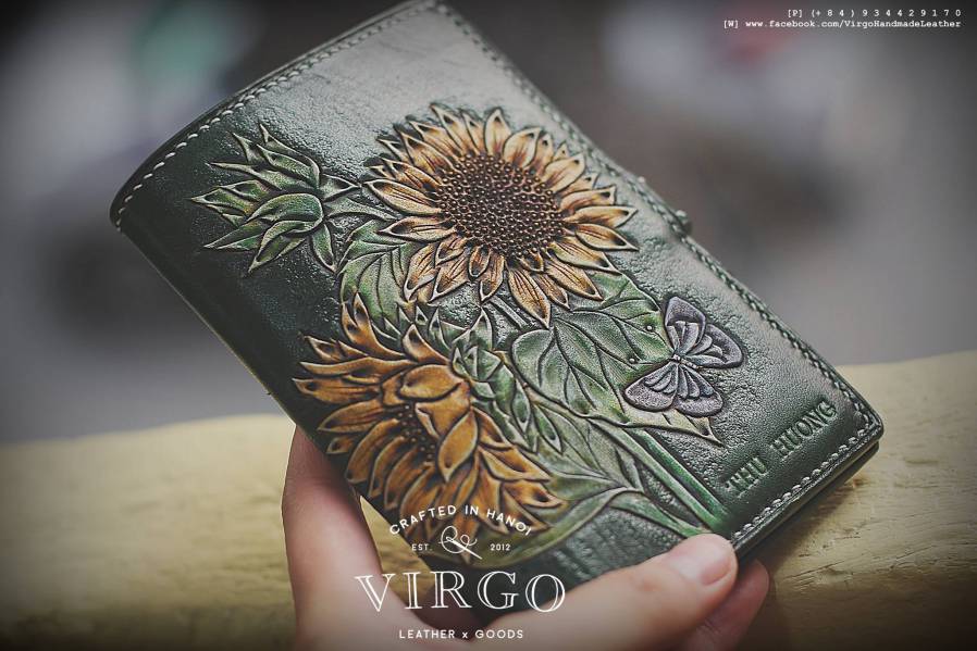 Double Sunflower Hand Carved Medium Wallet