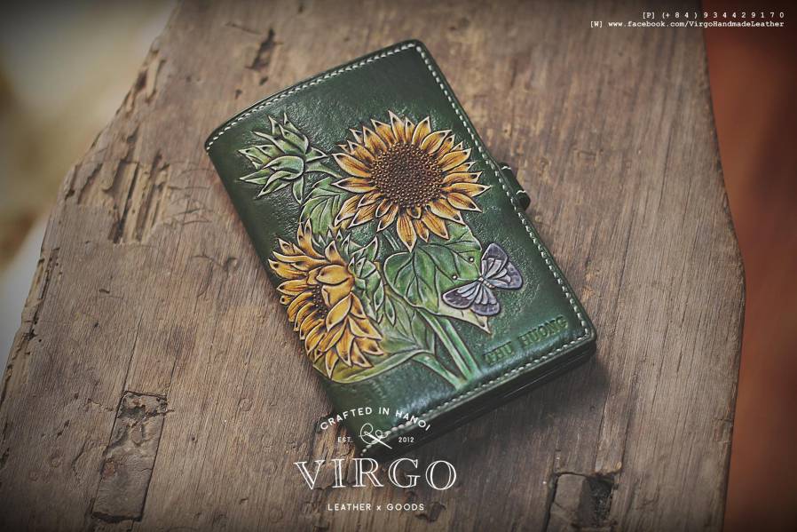 Double Sunflower Hand Carved Medium Wallet