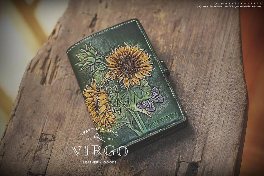 Double Sunflower Hand Carved Medium Wallet