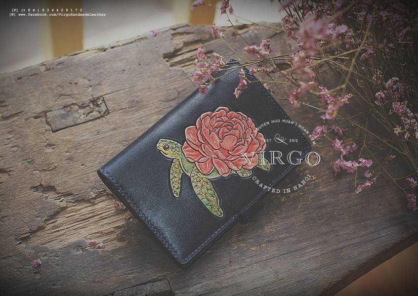 Turtle Peony Hand Carved Medium Wallet