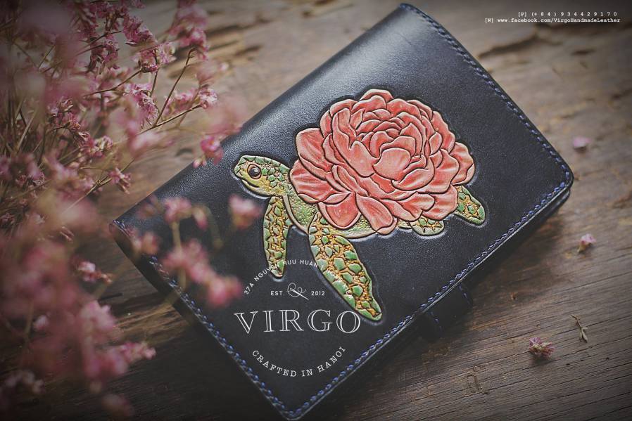 Turtle Peony Hand Carved Medium Wallet