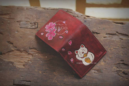 Maneki Neko Blosson Hand Carved Small Wallet